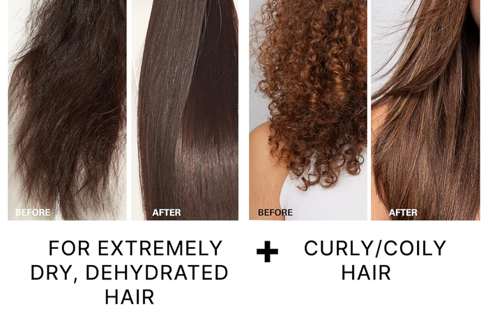 Before and after photos showing the transformation of extremely dry, dehydrated hair, as well as curly/coily hair types