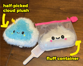 A plush toy and fluff container, both shaped like clouds with smiling faces, sitting on a wooden surface. The text describes them as.
