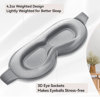 Weighted sleep mask with a 4.2oz design and 3D eye sockets for stress-free comfort. Text reads: