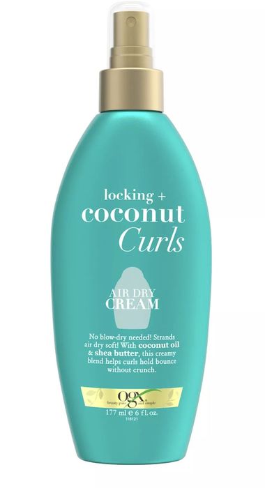 OGX Locking + Coconut Curls Air-Dry Cream bottle; promises no blow-drying needed for soft, bouncy curls infused with coconut oil and shea butter