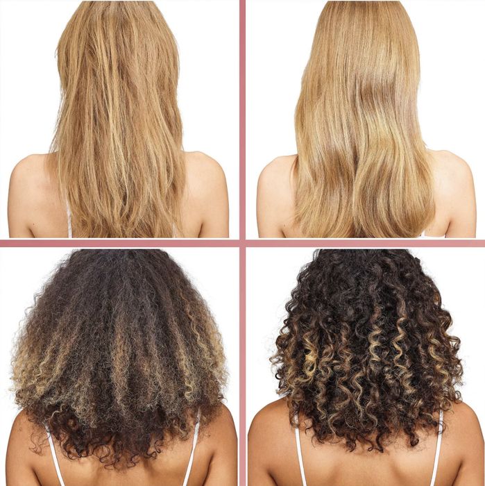 Two before-and-after photos of a model's hair after using the 8 Second Wonder Water