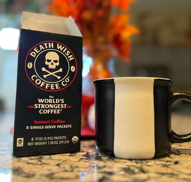 Death Wish Coffee's instant coffee pack, featuring a powerful caffeine boost.