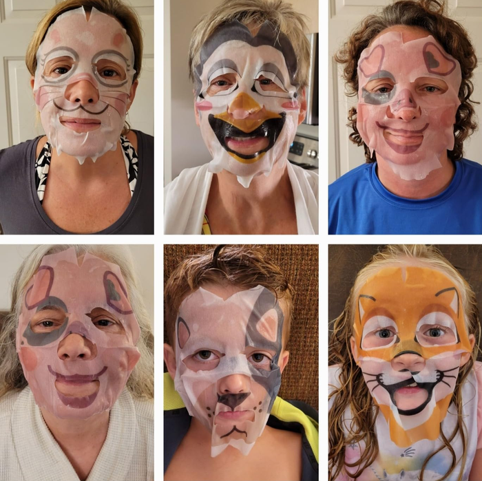 People posing with animal-patterned face masks in different designs as part of a playful skincare routine