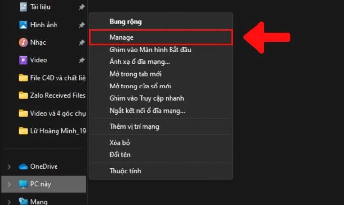 Hướng dẫn chọn vào mục Manage trên laptop