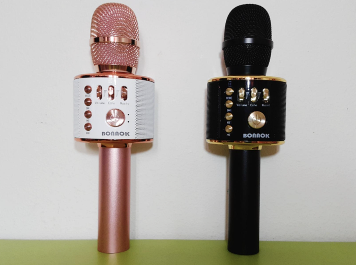 The reviewer's two microphones (black and pink) placed side by side