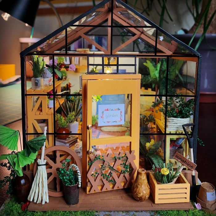 A view from the front of a small greenhouse owned by a reviewer.