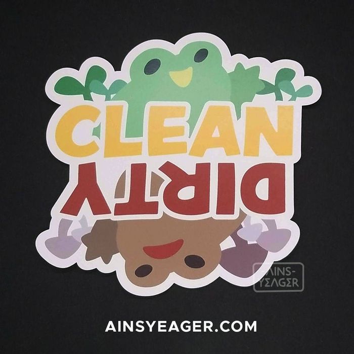 Magnet that says 'clean' with a green frog on one side, and 'dirty' with a brown frog on the opposite side
