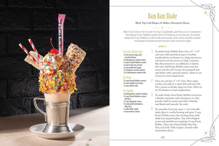 an example page featuring a milkshake loaded with treats, accompanied by the recipe page on the other side