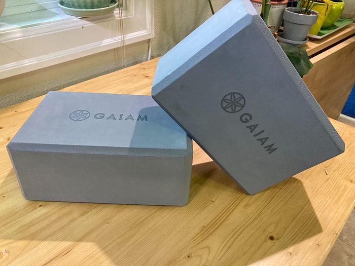 A reviewer shares a photo of their two gray yoga blocks, ready for use in their practice.