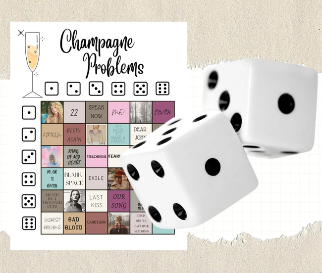 A game board featuring Taylor Swift songs next to a pair of dice