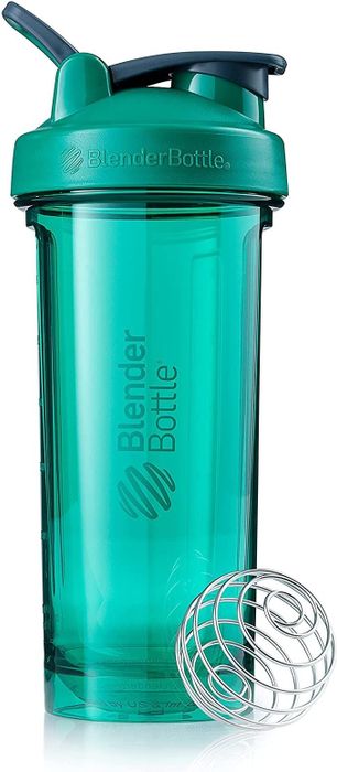 A green BlenderBottle ready to use for shakes and protein mixes.