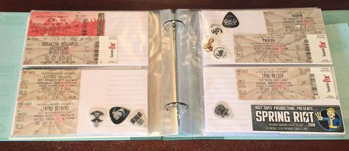 the inside pages of a reviewer's journal featuring ticket stubs and guitar picks