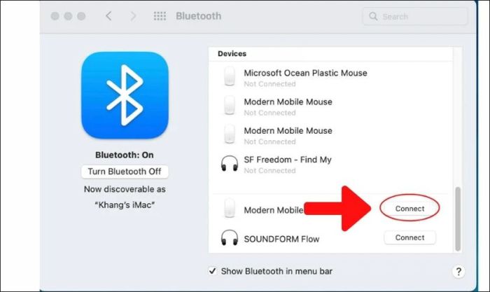 Nhấn vào nút connect để kết nối chuột không dây với laptop qua Bluetooth.