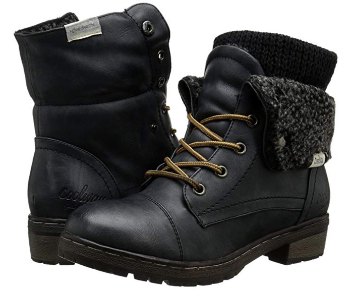 Black lace-up boots with a foldable flap, revealing a soft shearling interior and an additional knit layer for warmth.