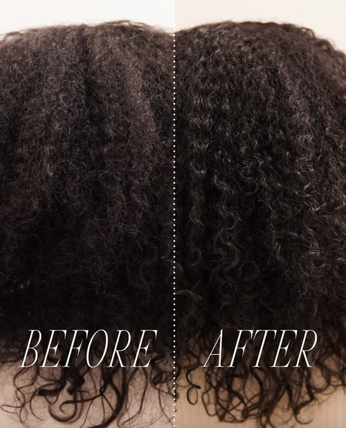 A model's hair before styling with undefined curls, and after, the curls are more defined.