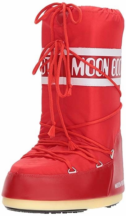 The boot in red with a drawstring, featuring the words