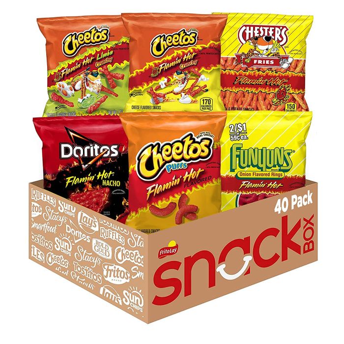 A box filled with small bags of Flamin' Hot snacks