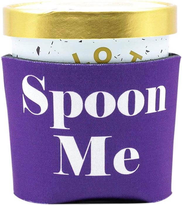 Ice cream pint with a cozy that reads