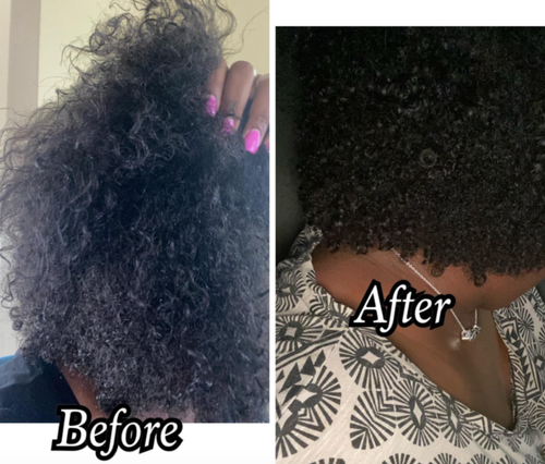 before: Hair looks tangled and curls lack definition; after: Curls are beautifully defined with no tangles in sight.