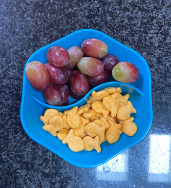A blue version of the bowl, split into two halves, one containing grapes and the other filled with Goldfish crackers.