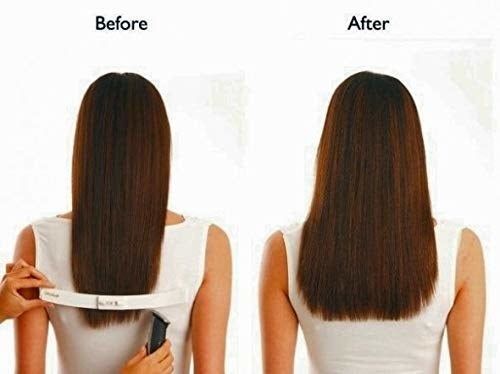 Before and after images showcasing a haircut done with the clip