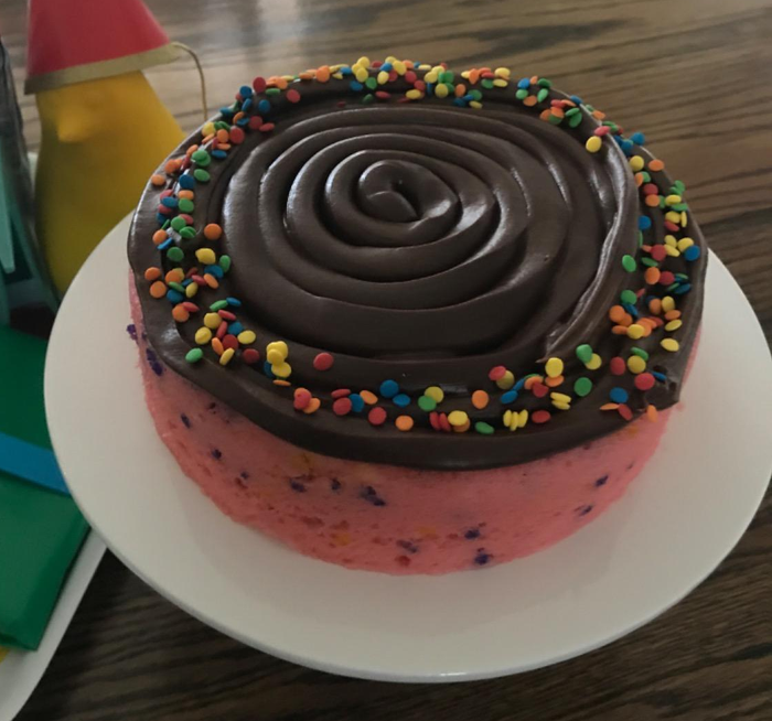 A small sprinkle cake made using the rapid cake maker