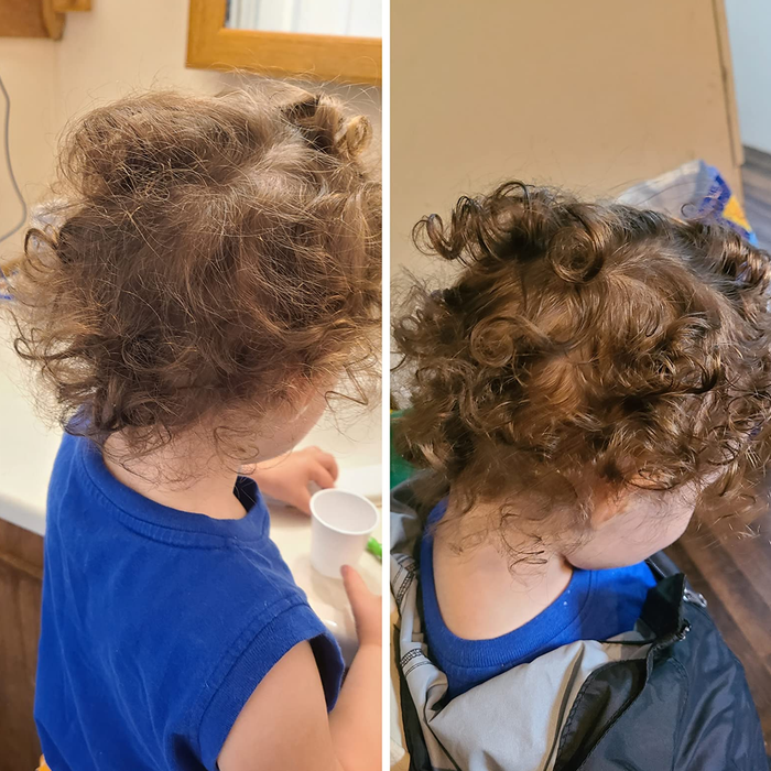 before: A child with frizzy, flat curls; after: The same child with smooth, defined curls that look soft and healthy after using the conditioner.