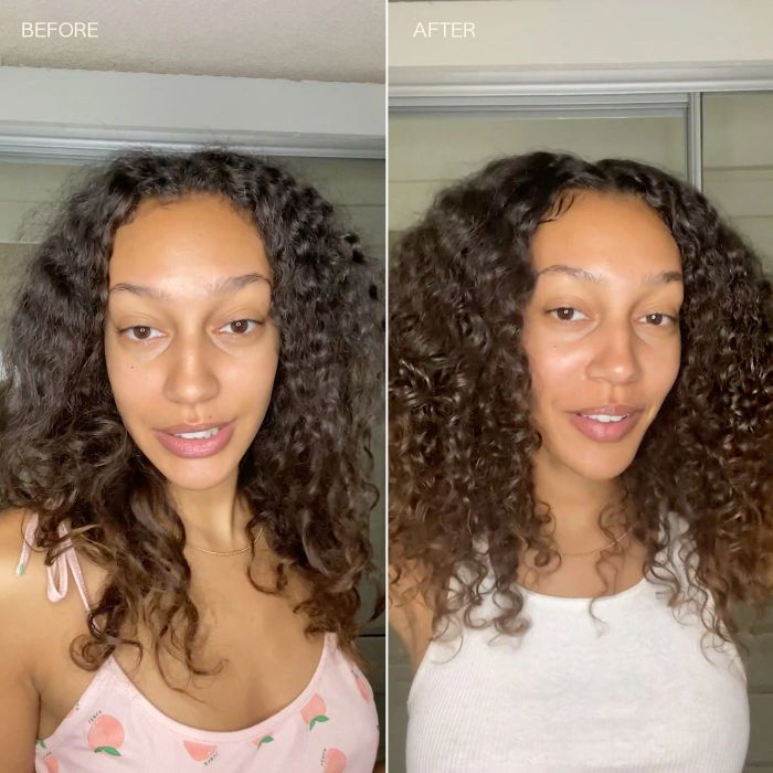 A model with frizzy curls before using the product, followed by smooth, defined curls after application.