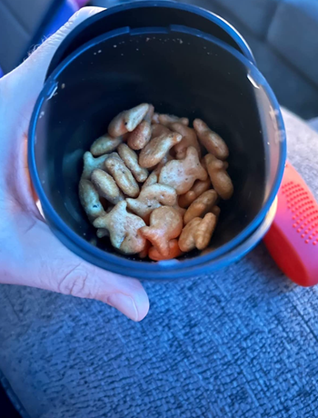 A cylindrical container filled with Goldfish crackers.
