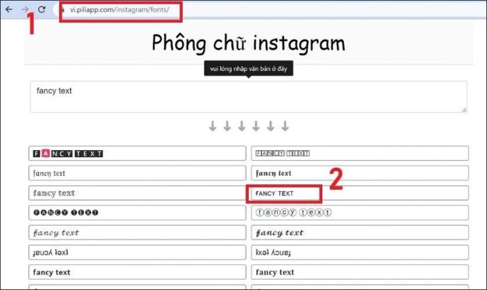 Cách thay đổi font chữ Instagram trực tuyến trên Piliapp