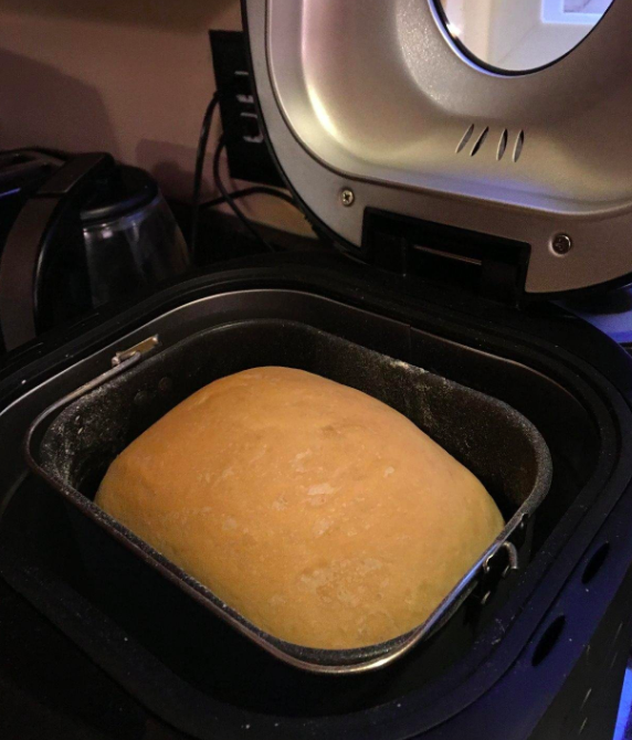 A reviewer’s photo showing a loaf of bread freshly baked in the bread maker