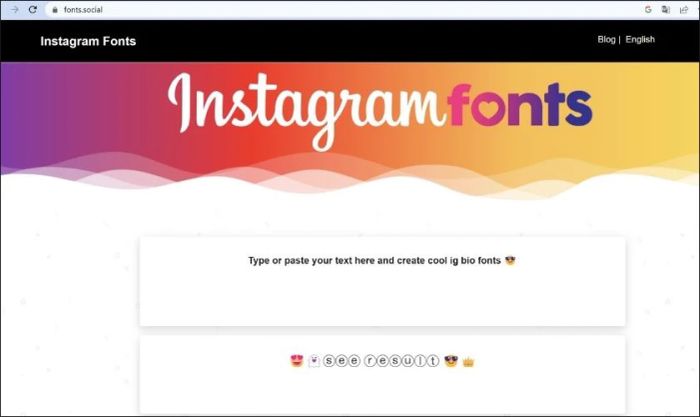 Giao diện của công cụ Instagram Fonts Generator