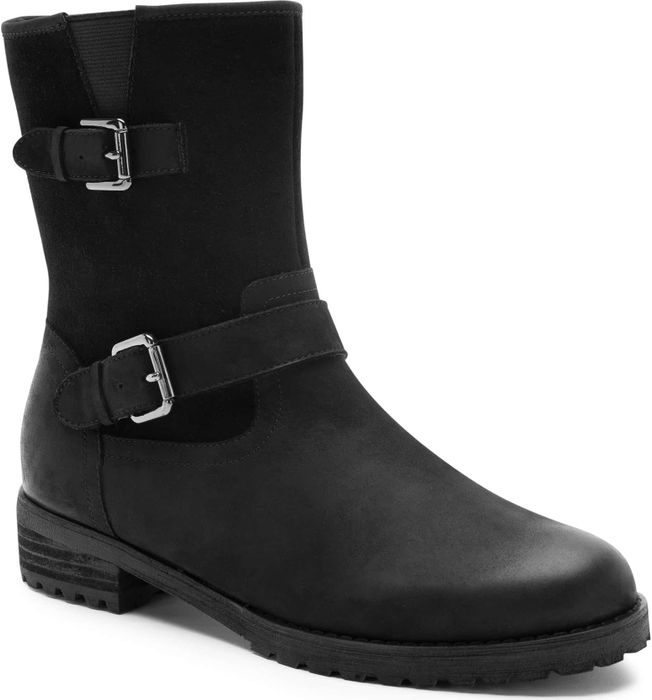 a black boot featuring a buckle around the ankle
