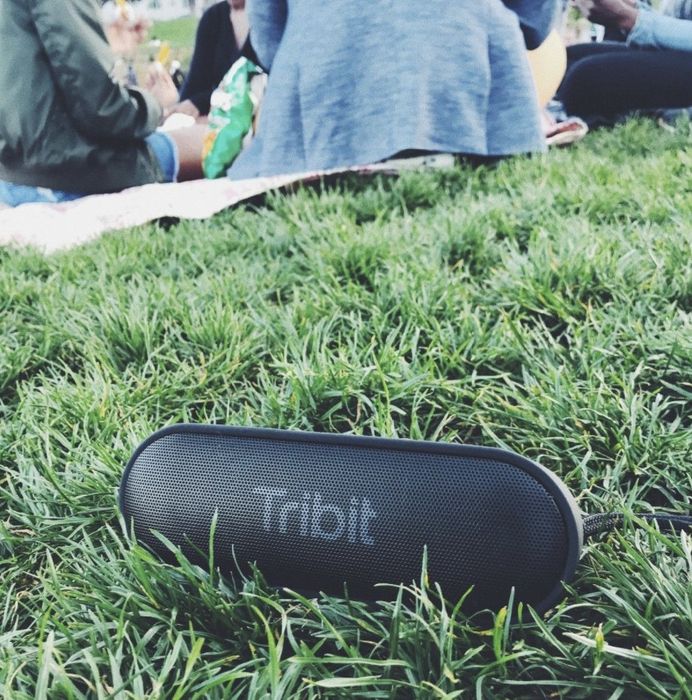 A customer’s review photo of the Bluetooth speaker resting in the grass