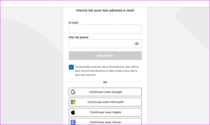Nhập email để đăng ký tài khoản Kahoot