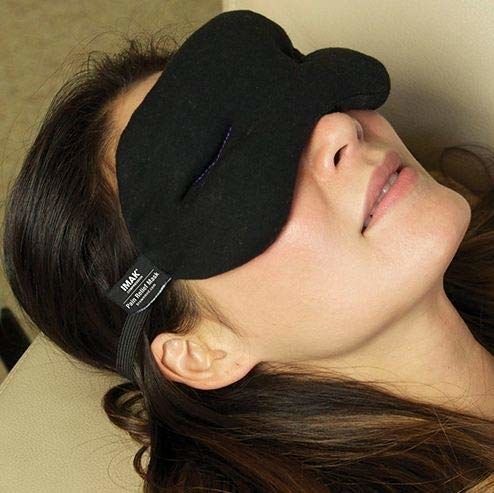 A model sporting a black eye mask.