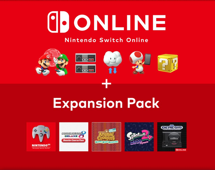 A graphic showcasing the benefits of the Nintendo Switch Online Expansion Pack membership, including access to a variety of classic games and added features.