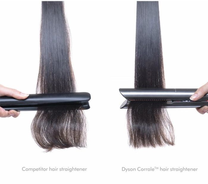A side-by-side comparison showing the difference between using a traditional straightener and the Dyson Corrale Straightener.