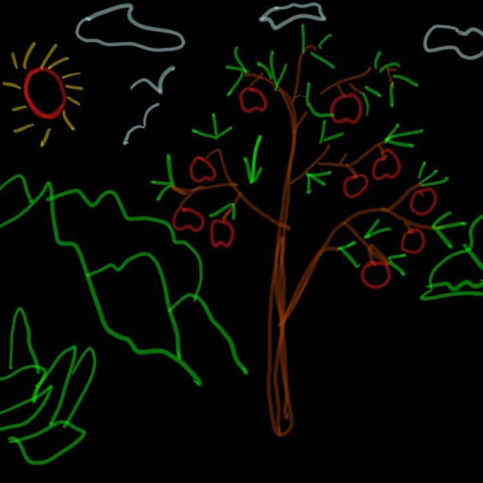 The neon lights arranged to create a scene with a tree and field design on a wall.