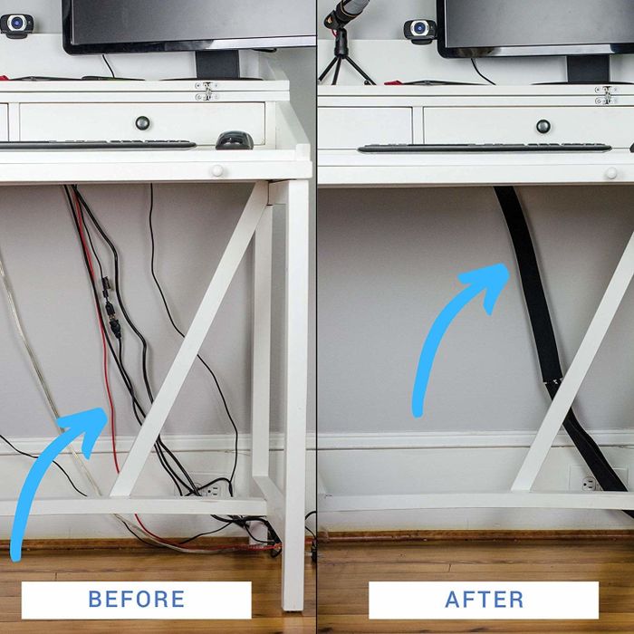 A comparison image showing a desk cluttered with wires before, and neatly organized after being placed inside a zippered sleeve.