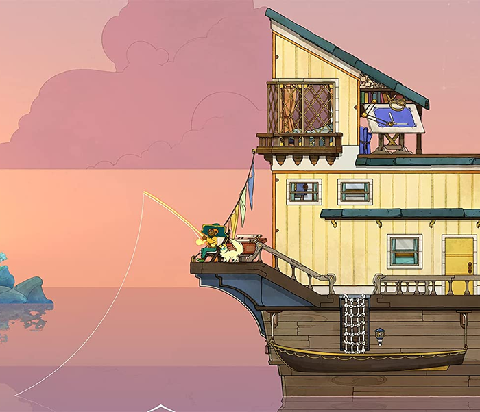 A screenshot from the game that shows the player fishing from the back of a boat.