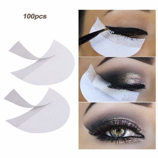 one side of the image shows three half-circle shaped shadow patches, and the other side shows a model holding the patches up to her eye for precise liner application