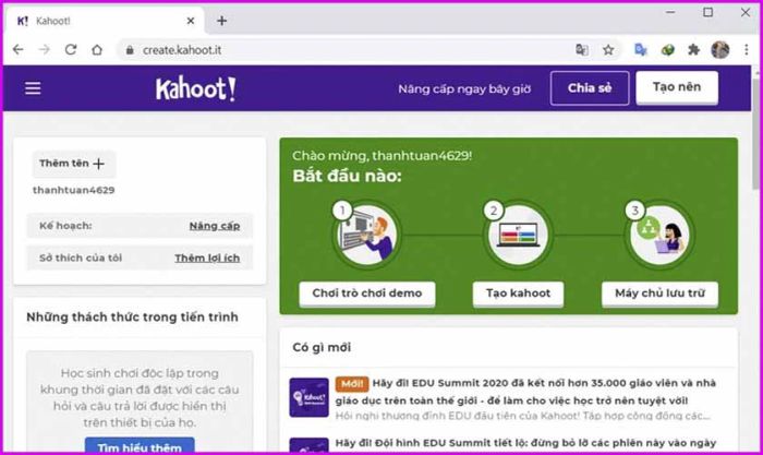 Đăng ký tài khoản Kahoot thành công