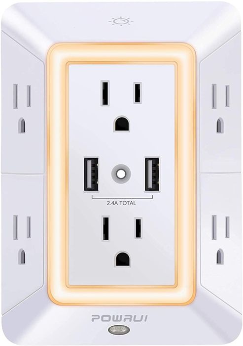 The USB wall charger and surge protector with its smart functionalities and night-light feature.