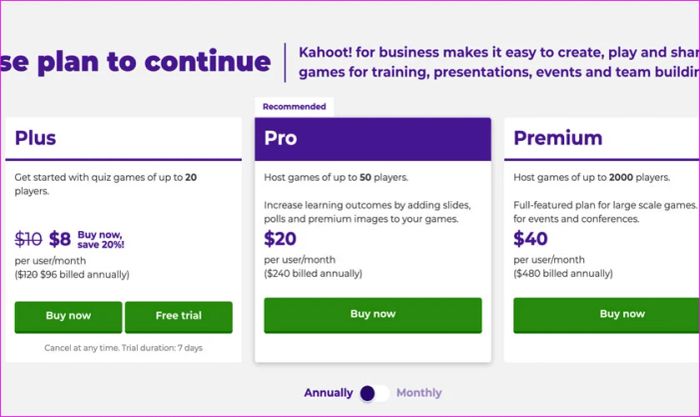 Các loại tài khoản Kahoot