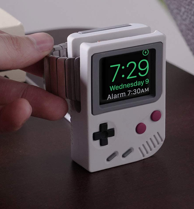 An Apple Watch stand designed to resemble the classic Game Boy.