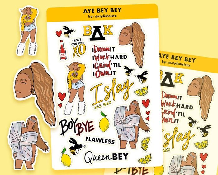 A sticker sheet featuring images of Beyoncé, complete with lyrics and visuals associated with her.