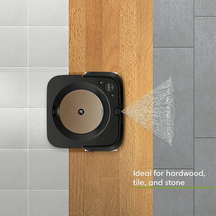 A photo showing the iRobot Braava mop cleaning both tile and hardwood floors.