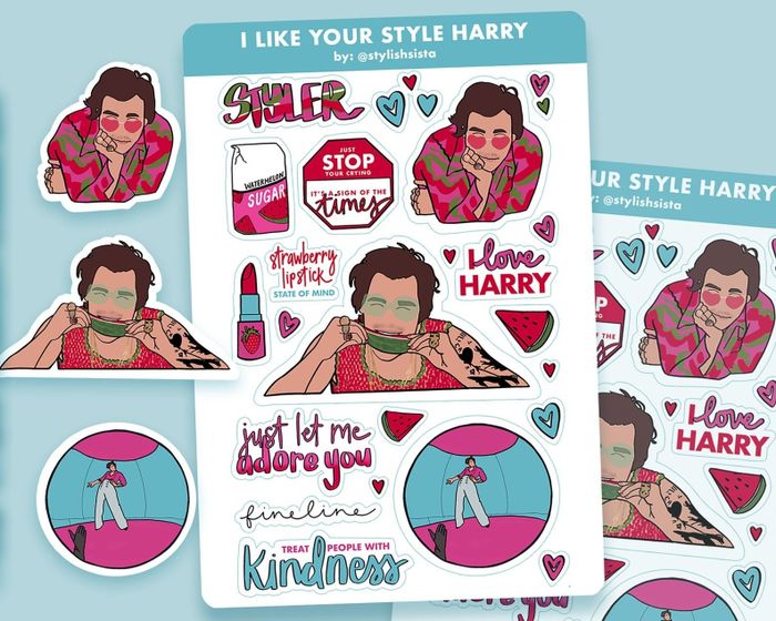 A sticker sheet featuring illustrations of Harry Styles, along with lyrics and images that are closely tied to his persona.