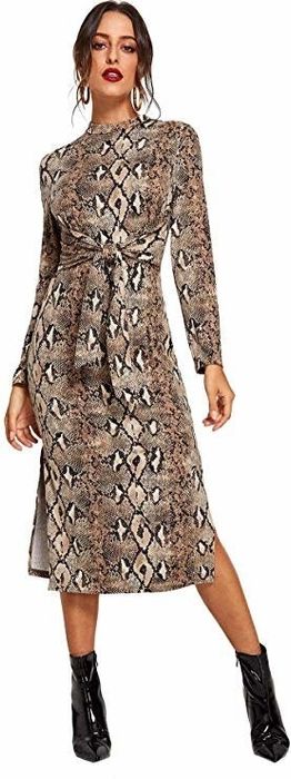 A model wearing a brown snakeprint dress.